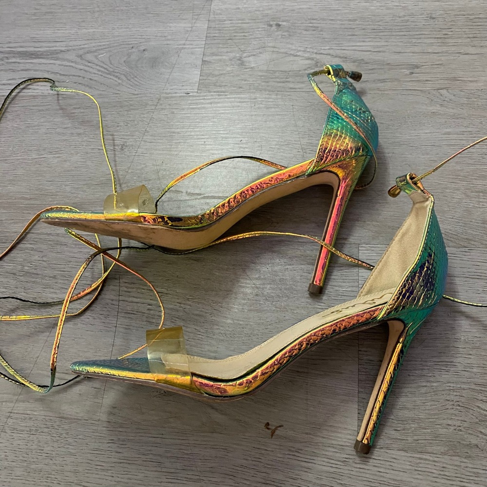 Lulus Heels Women 9 Iridescent Green Snake Embossed Lace Up Stiletto Sandals